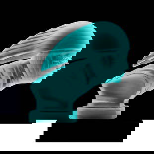 Art Deco Aquamarine Cyan Vaseline Glass ' Racer ' Hood Ornament Sculpture 1930' H. Hoffmann: This piece is a great addition to collection or a great gift. Top Quality Aquamarine Cyan Vaseline Uranium Glass. This piece was made in Bohemia from ORIGINAL antique molds that were used during the 1