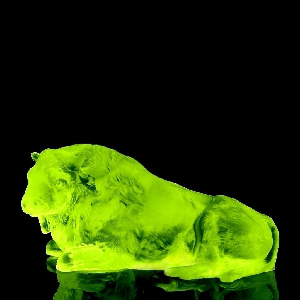 1930' H.Hoffmann ' Bison ' Bohemian Vaseline Uranium Glass Figurine: Top Qality Art Deco Uranium Glass Figurine. This piece was made in Bohemia from the ORIGINAL antique vintage molds that was used back in 1930's. It is BREATHTAKING high quality satin finish glass figu