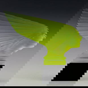 Art Deco 1930' Uranium Glass VICTOIRE Hood Ornament ' Spirit Of The Wind ' H.Hoffmann by Lalique: This piece is a great addition to collection or a great gift. Art Deco Collectible Yellow Uranium Glass Sculpture ' Spirit Of The Wind ' Hood Ornament, Car Mascot Figurine. It is breathtaking high