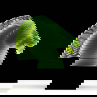 Art Deco Vaseline Uranium Glass ' Longchamp ' Head Horse Sculpture 1930' H.Hoffmann by Lalique: This piece is a great addition to collection or a great gift. Timeless design - Top Qality Art Deco Vaseline Art Glass Car Mascot Hood Ornament, Emblem , Figurine. This piece was made in Bohemia from