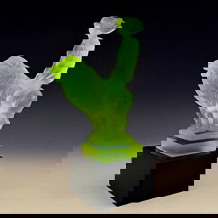 Art Deco Vaseline Uranium Glas ' Girl with a lion ' Car Mascot Sculpture 1930' H.Hoffmann: Top Quality Vaseline Uranium Glass. This piece was made in Bohemia from ORIGINAL antique vintage molds that were used during the 1930's - 1939's. It is BREATHTAKING high quality satin finish glass