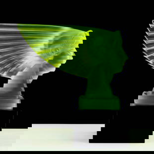 Art Deco Hood Ornament ' Pharaoh Head ' Vaseline Uranium Glass Sculpture 1930' H.Hoffmann: Top Quality Vaseline Uranium Glass. This piece was made in Bohemia from ORIGINAL antique molds that were used during the 1930's - 1939's. It is BREATHTAKING high quality satin finish uranium glass scu