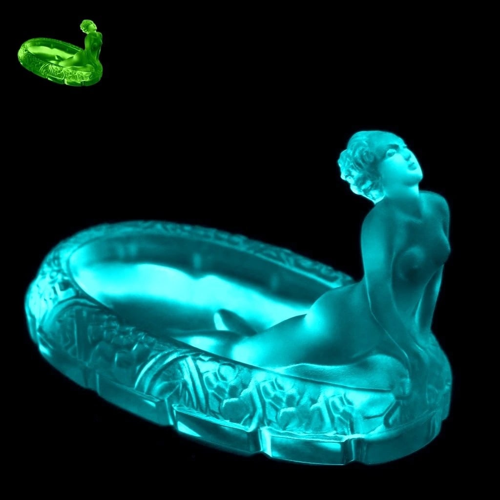 Art Deco Sculpture Aquamarine Vaseline Glass Jewellery Bowl 1930' H.Hoffmann by Lalique