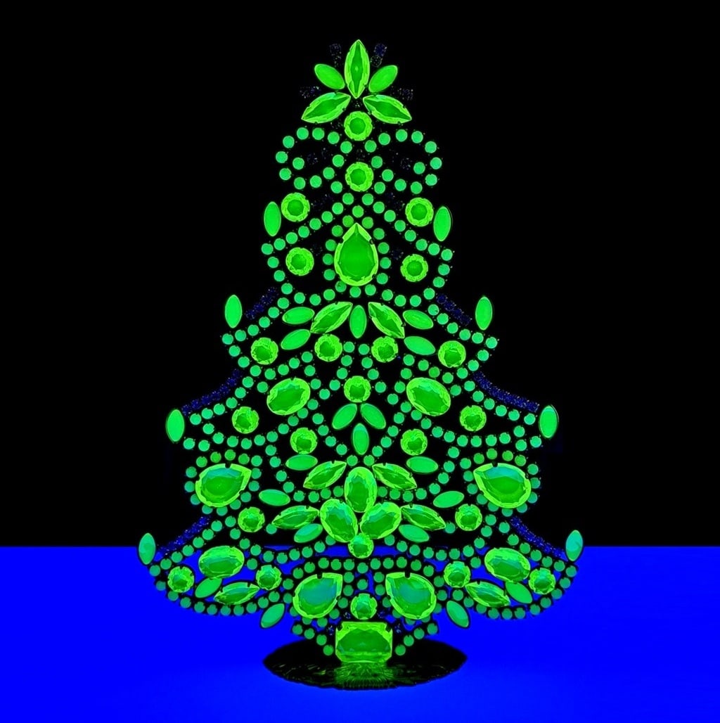 Vaseline Uranium Glass Rhinestones Standing Christmas Tree (1 of 2)