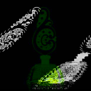Glamorous Art Deco Vaseline Uranium Glass Collectible Perfume Bottle 1930' H.Hoffmann: Very beautiful decoration. This piece is a great addition to collection or agreat gift. It is breathtaking high quality satin finish glass in stylish Art Deco French design. Really nice piece that glo