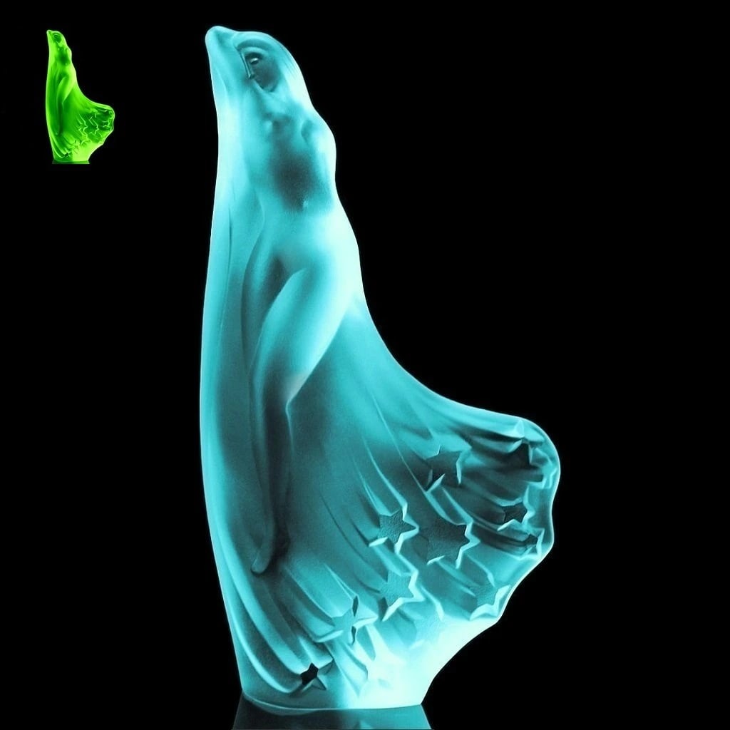 Art Deco Aquamarine Vaseline Glass ' Women in the stars ' Sculpture 1930' H.Hoffmann: This piece is a great addition to collection or a great gift. Top Qality Art Deco Aquamarine Cyan Vaseline Glass Sculprure. This piece was made in Bohemia from the ORIGINAL antique vintage molds that 