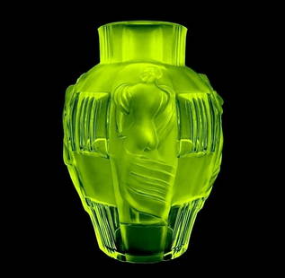 Art Deco Vaseline Uranium Glass Collectible Large Vase 1930' H.Hoffmann: This piece is a great addition to collection or a great gift. Top Quality Yellow Vaseline Uranium Glass Vase with raised figures of revelling bacchantes around the full circumference exhibiting excell