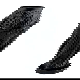 Art Deco Black Art Glass Small Vase 1930' H.Hoffmann by Lalique: Top Quality Art Deco Black Glass Vase with raised figures of revelling bacchantes around the full circumference exhibiting excellent colour and detail. This piece was made in Bohemia from ORIGINAL ant