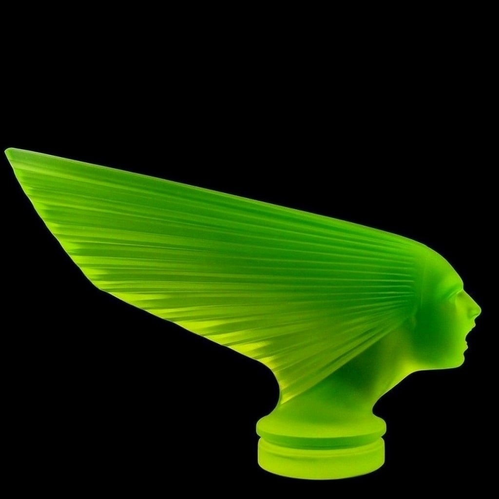 Art Deco Uranium Glass ' Victoire - Spirit Of The Wind ' Hood Ornament 1930' H.Hoffmann by Lalique: This piece is a great addition to collection or a great gift. Art Deco Uranium Glass Sculpture ' Spirit Of The Wind ' Hood Ornament, Car Mascot Figurine. It is breathtaking high quality satin finish g