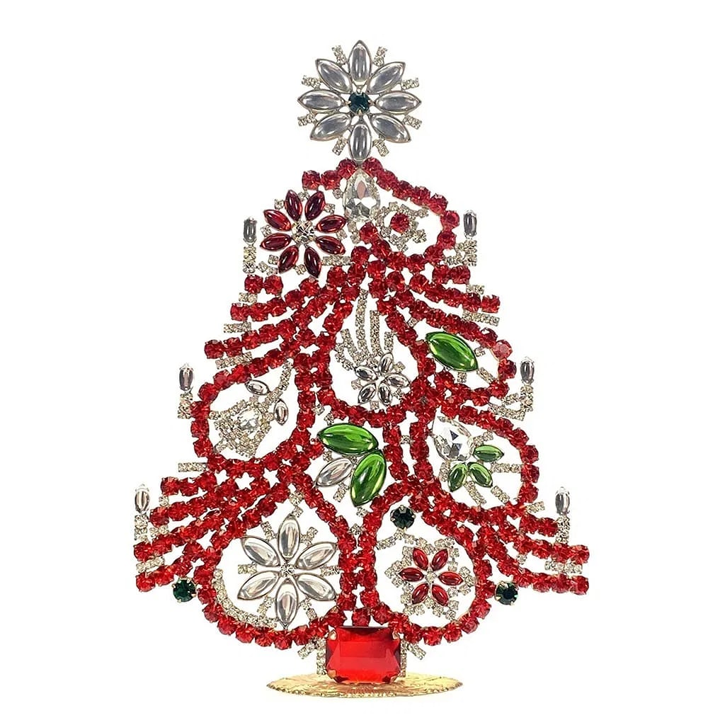 Vintage Bohemian Glass Christmas Tree: Beautiful vintage standing Bohemian glass Christmas tree handmade in Czechoslovakia. This charming decorative piece is crafted with sparkling glass stones and intricate detailing, showcasing the elega