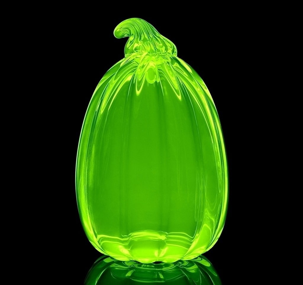 Large Pumpkin Bohemian Vaseline Uranium Glass: This piece is a great addition to collection or a great gift. Uranium Glass Pumpkin. Timeless design - Very beautiful decoration to your house or office. Really nice piece that glows beautifully under