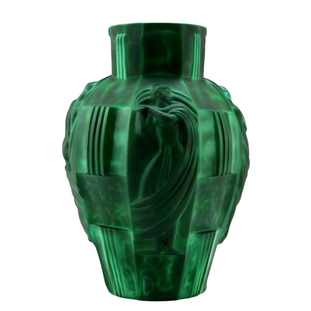 Glamorous Art Deco 1930' H.Hoffmann Bohemian Malachite Glass Large Vase: This piece is a great addition to collection or a great gift. Top Quality Malachite Glass Vase with raised figures of revelling bacchantes around the full circumference exhibiting excellent colour and