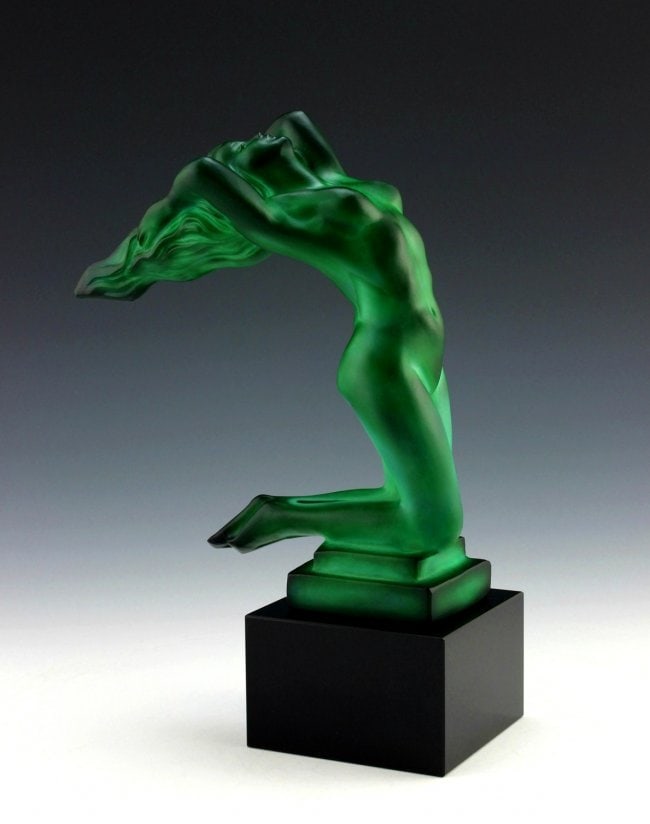 Art Deco Sculpture ' Chrysis ' Malachite Jade Glass Hood Ornament 1930' H.Hoffmann: This piece is a great addition to collection or a great gift. Timeless design - Top Qality Art Deco Malachite Glass Car Mascot Hood Ornament ' Lady ' sculpture. This piece was made in Bohemia from the