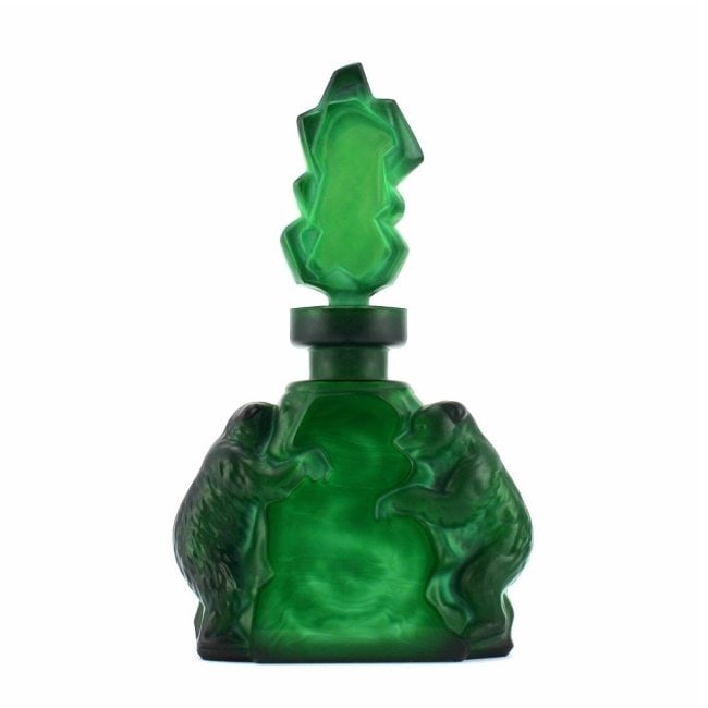 Art Deco Malachite Green Glass ' Bears ' Collectible Bohemian Perfume Bottle 1930' H.Hoffmann: This piece is a great addition to collection or a great gift. Top Quality Art Deco Malachite Glass Collectible Perfume Bottle. This piece was made in Bohemia from ORIGINAL antique molds that were used