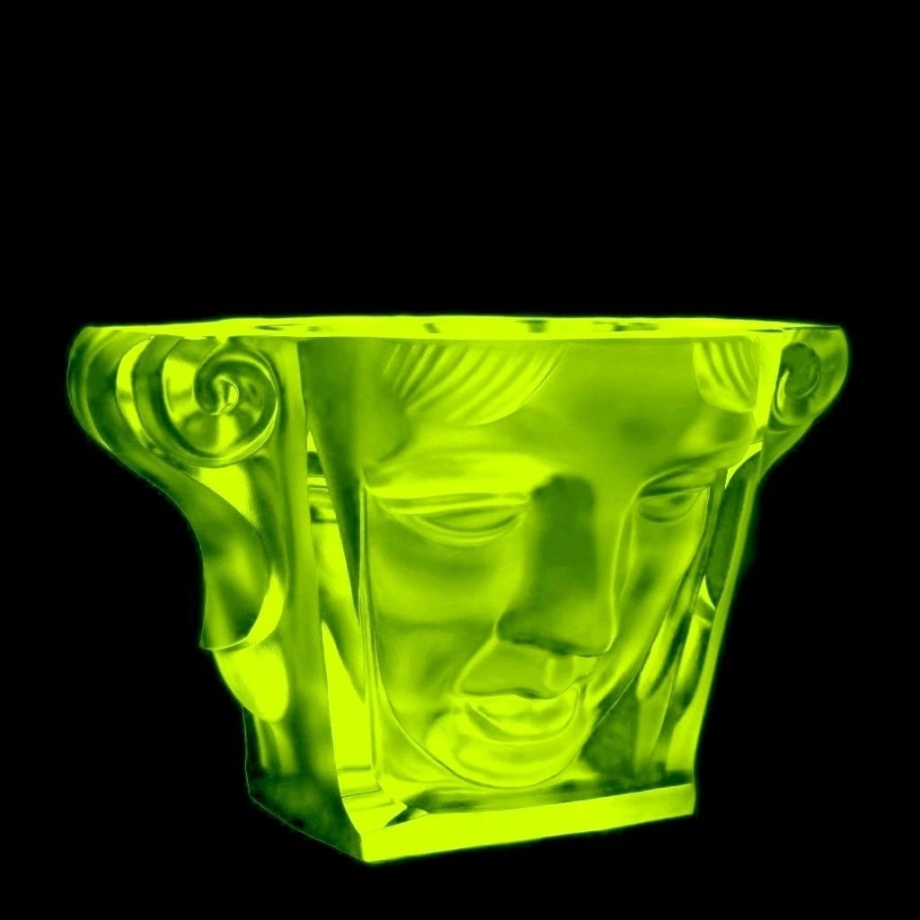 Uranium Glass Art Deco Jardiniere Bowl 1930' H. Hoffmann: Art Deco uranium glass bowl produced in Bohemia, using an original mold designed by H. Hoffmann between 1930 and 1939. The design reflects French Art Deco influence, with forms inspired by the work of