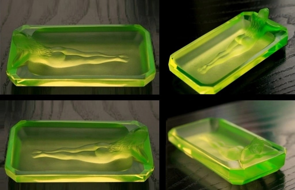 Uranium Glass Bohemian Art Deco Bowl, 1930s H. Hoffmann: Art Deco uranium glass bowl produced in Bohemia, using an original mold designed by H. Hoffmann between 1930 and 1939. The design reflects French Art Deco influence, with forms inspired by the work of