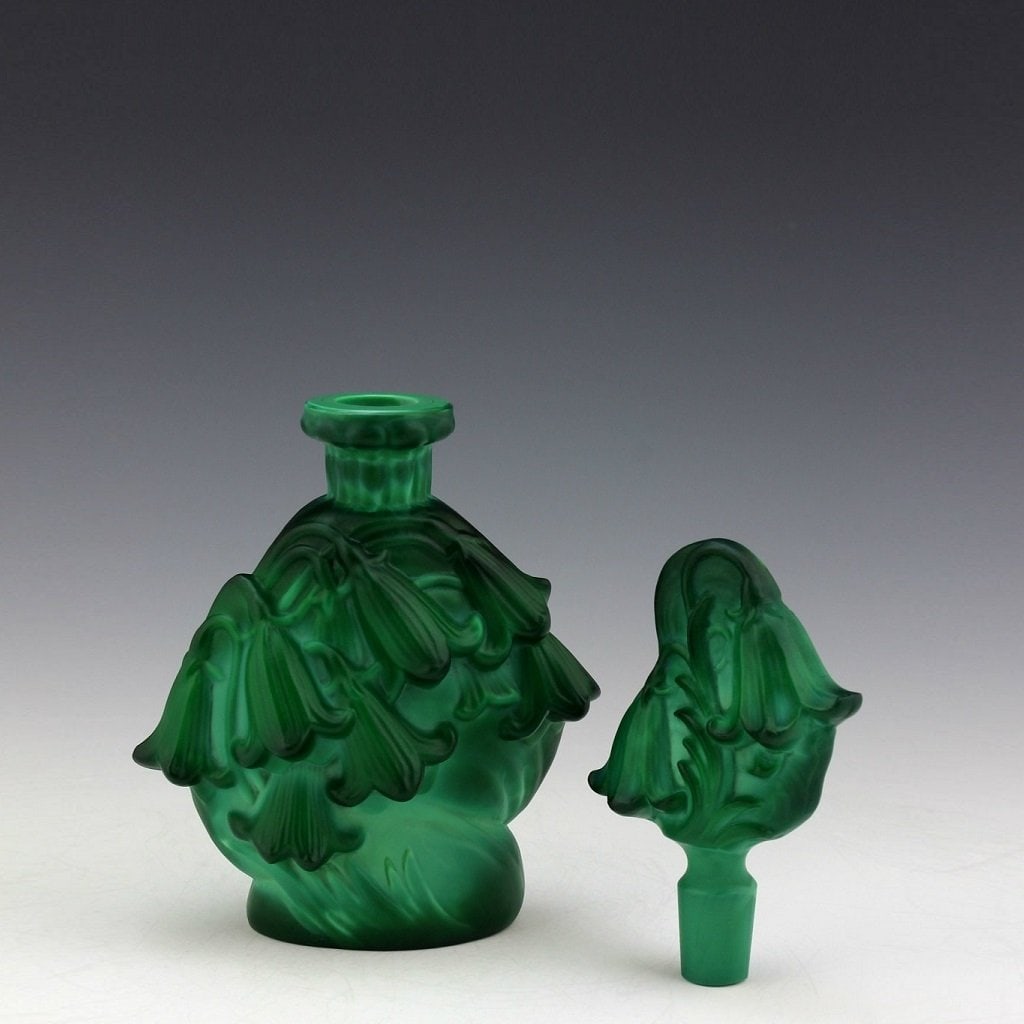 Art Deco Bohemian Malachite Glass ' Flower Bells ' Collectible Perfume Bottle 1930' H.Hoffmann - 3