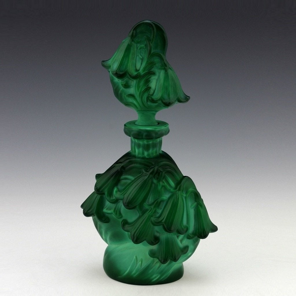 Art Deco Bohemian Malachite Glass ' Flower Bells ' Collectible Perfume Bottle 1930' H.Hoffmann - 4