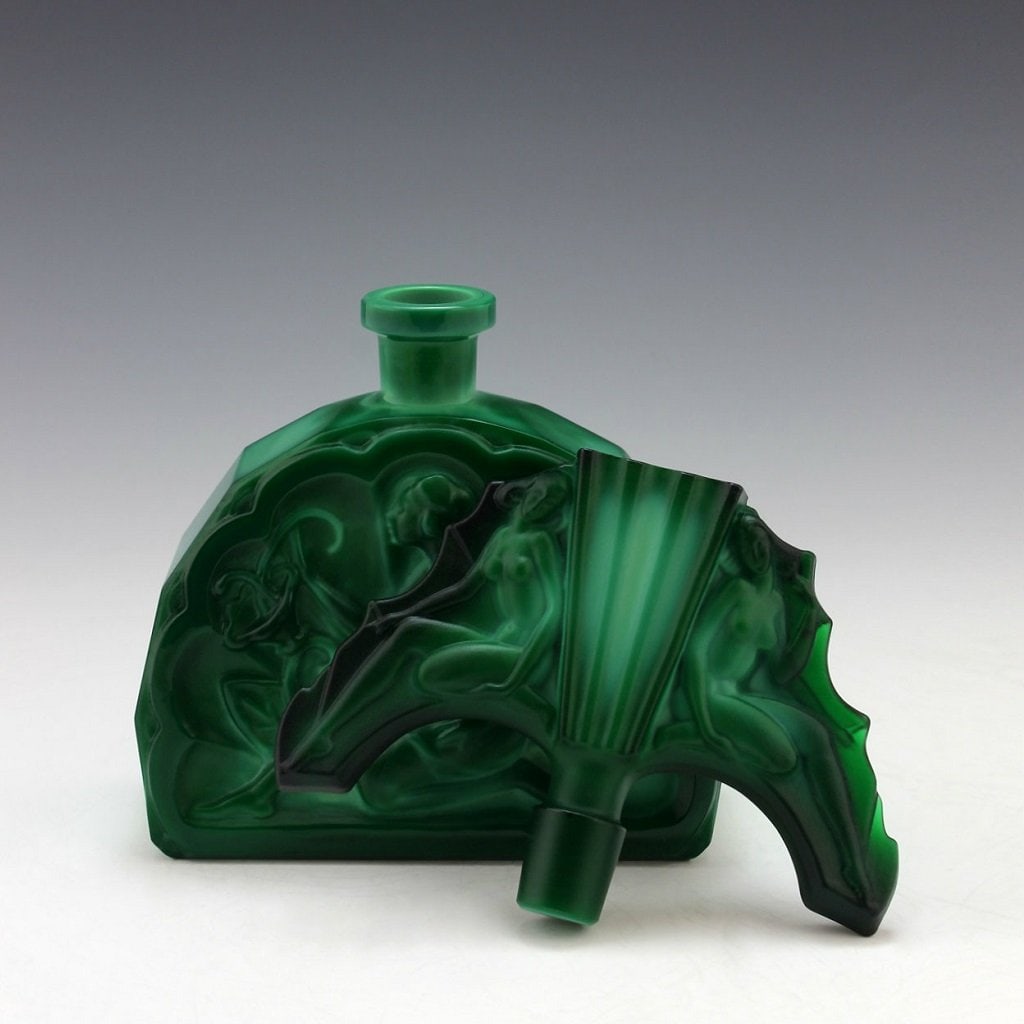 Glamorous Art Deco 1930' H.Hoffmann Malachite Collectible Glass Perfume Bottle - 3