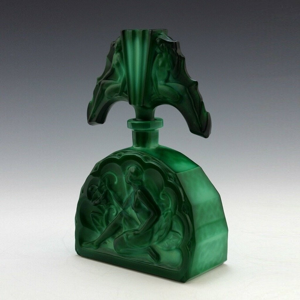 Glamorous Art Deco 1930' H.Hoffmann Malachite Collectible Glass Perfume Bottle - 4