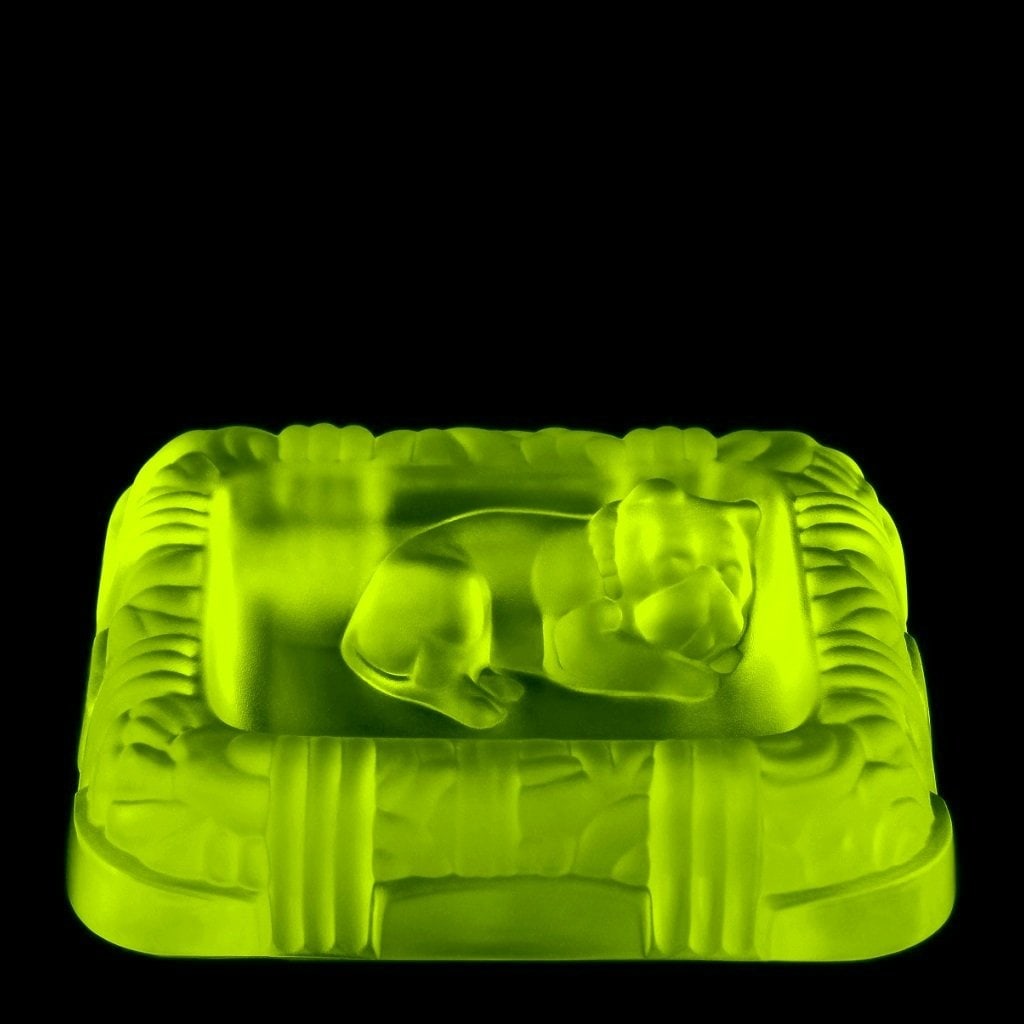 Uranium Glass Bohemian Art Deco Bowl, 1930s H. Hoffmann: Art Deco uranium glass bowl produced in Bohemia, using an original mold designed by H. Hoffmann between 1930 and 1939. The design reflects French Art Deco influence, with forms inspired by the work of