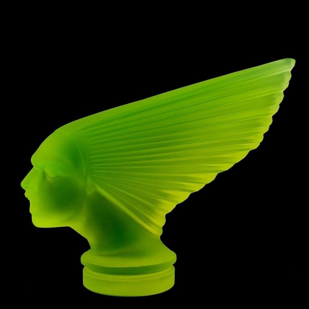 Art Deco Uranium Glass VICTOIRE Hood Ornament ' Spirit Of The Wind ' H.Hoffmann by Lalique - 3