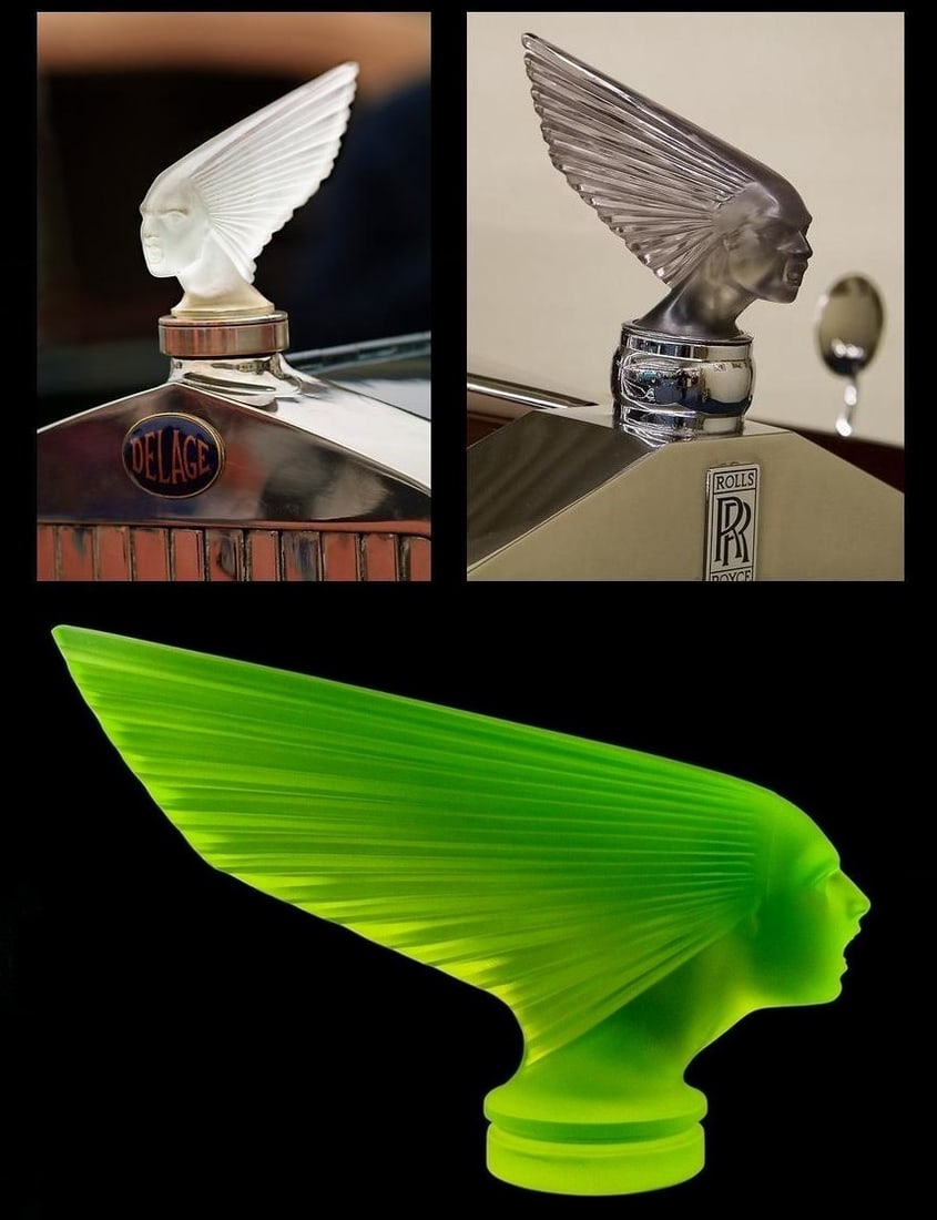 Art Deco Uranium Glass VICTOIRE Hood Ornament ' Spirit Of The Wind ' H.Hoffmann by Lalique - 5