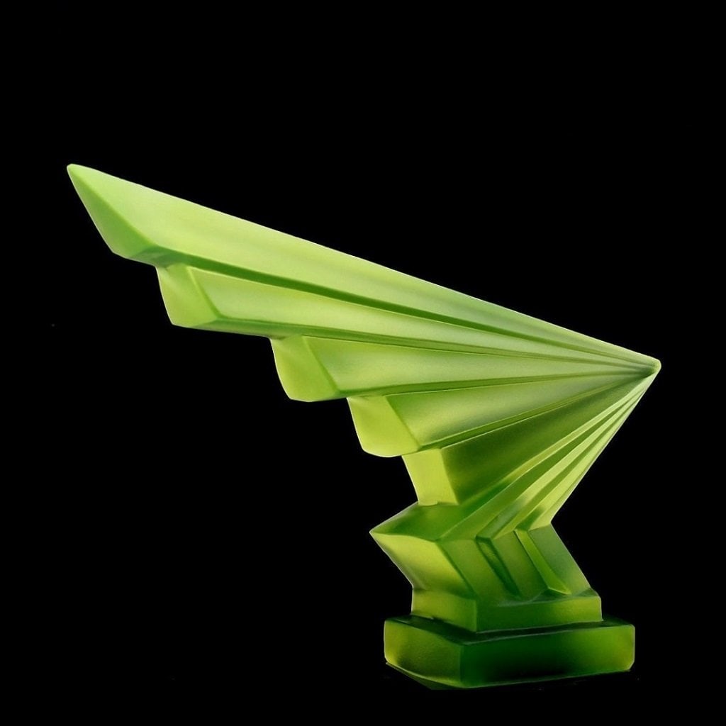 Art Deco Vaseline Uranium Glass Sculpture ' Flash ' Hood Ornament 1930' H.Hoffmann - 2