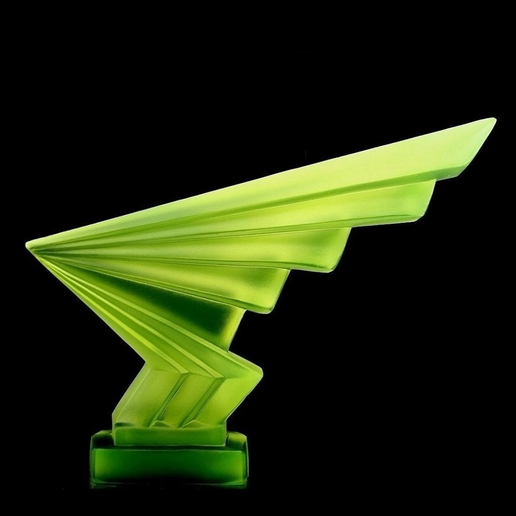 Art Deco Vaseline Uranium Glass Sculpture ' Flash ' Hood Ornament 1930' H.Hoffmann - 3