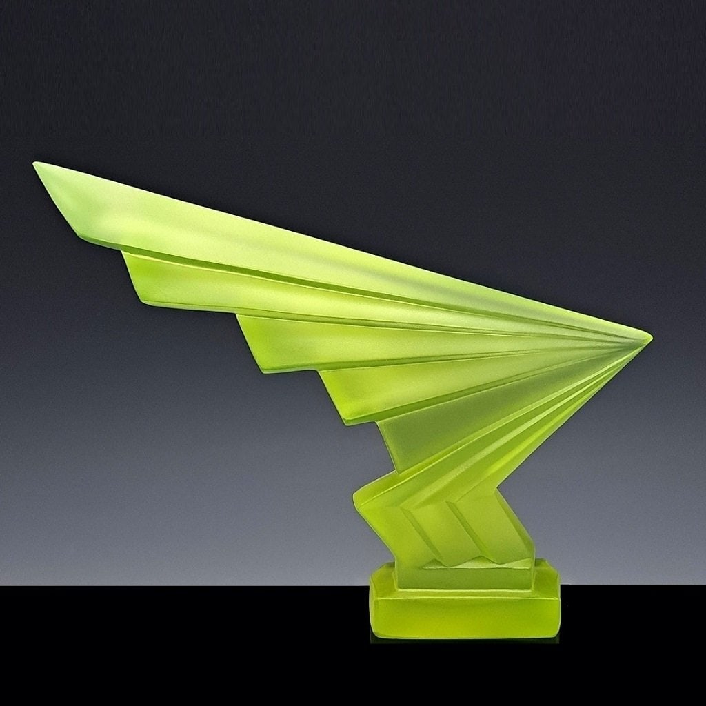 Art Deco Vaseline Uranium Glass Sculpture ' Flash ' Hood Ornament 1930' H.Hoffmann - 4