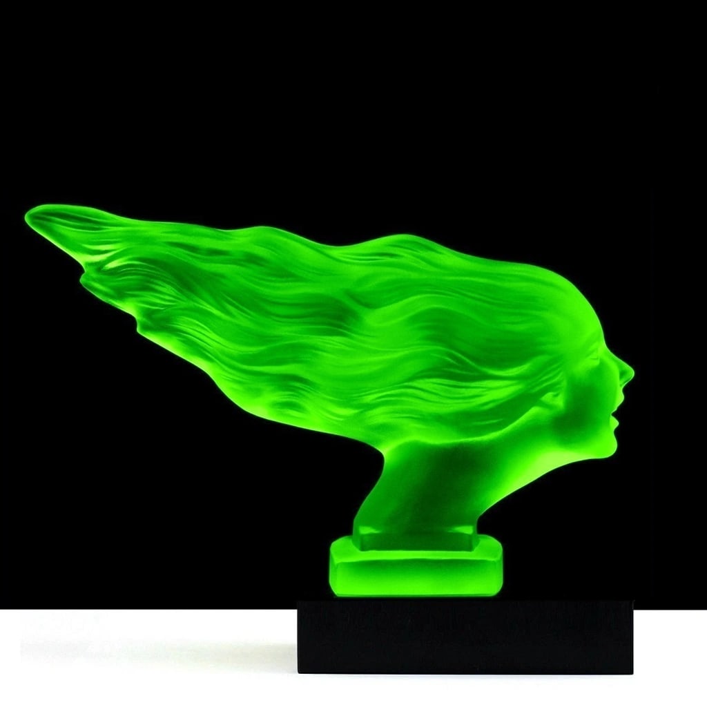 French Art Deco ' Speed Girl ' Green Vaseline Uranium Glass Hood Ornament Sculpture 1930' H.Hoffmann: Top Quality Green Vaseline Uranium Glass. This piece was made in Bohemia from ORIGINAL antique molds that were used during the 1930's - 1939's. It is breathtaking high quality satin finish glass sculp