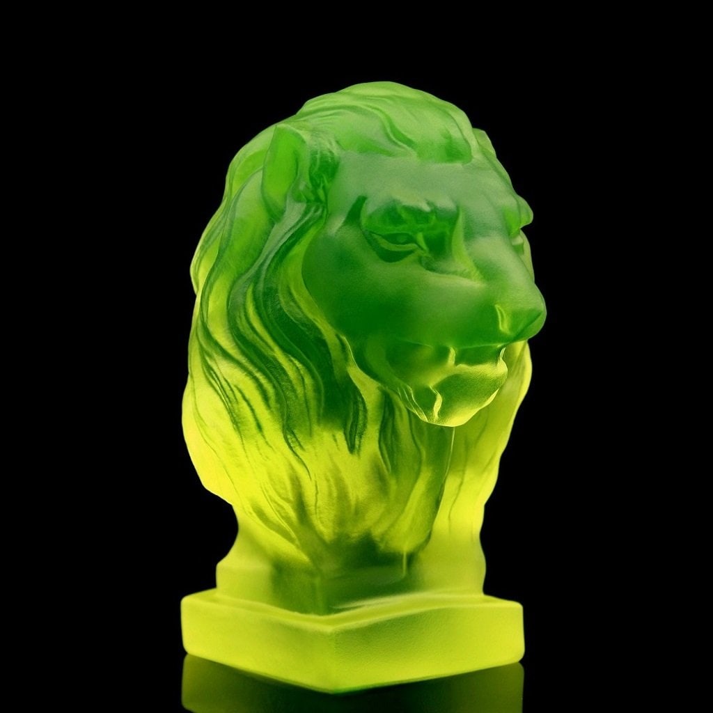 Art Deco Vaseline Uranium Glass ' Lion ' Hood Ornament Sculpture 1930' H.Hoffmann: This piece is a great addition to collection or a great gift. Timeless design - Top Qality Art Deco Vaseline Collectible Glass Car Mascot ' Head Lion' Hood Ornament Sculpture Paperweight. This piece w