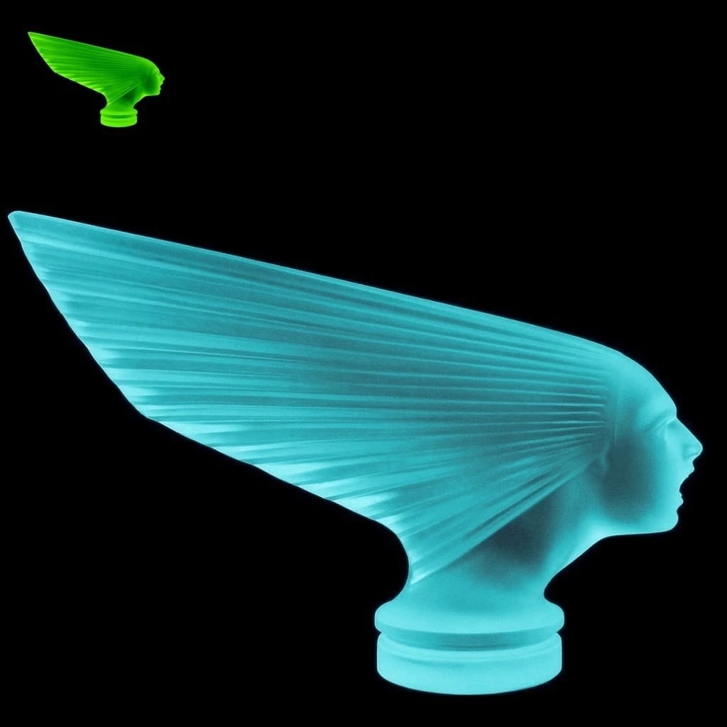 Art Deco Aquamarine Vaseline Uranium Glass ' VICTOIRE ' Hood Ornament 1930' H.Hoffmann by Lalique: This piece is a great addition to collection or a great gift. Art Deco Collectible Aquamarine Vaseline Glass Sculpture ' Spirit Of The Wind ' Hood Ornament - Car Mascot Figurine. It is breathtaking hi