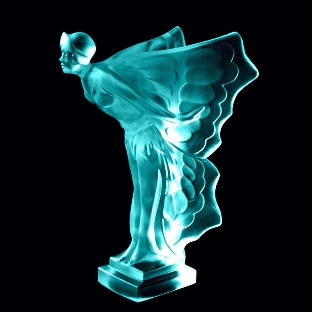 Art Deco Cyan Vaseline Uranium Glass Sculpture Rolls Royce ' Flying Lady ' 1930' H.Hoffmann: Top Quality Aquamarine Cyan Vaseline Glass. This piece was made in Bohemia from ORIGINAL antique vintage molds that were used during the 1930's - 1939's. It is BREATHTAKING high quality satin finish g