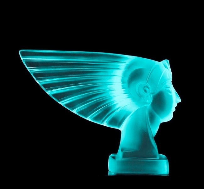 Art Deco Hood Ornament ' Pharaoh Head ' Cyan Vaseline Glass Sculpture 1930' H.Hoffmann: Top Quality Aquamarine Cyan Vaseline Glass. This piece was made in Bohemia from ORIGINAL antique molds that were used during the 1930's - 1939's. It is breathtaking high quality satin finish glass scu