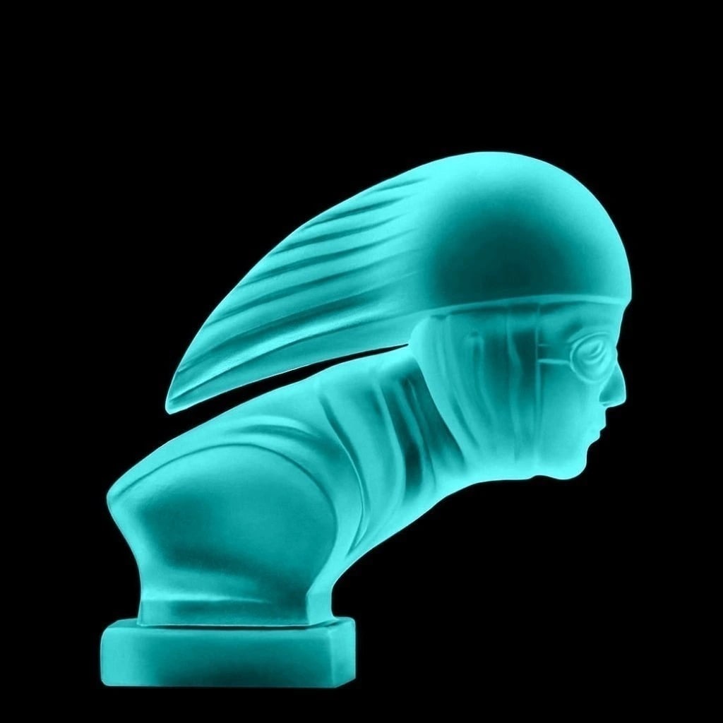 Art Deco Cyan Vaseline Glass ' Racer ' Figurine Hood Ornament 1930' H.Hoffmann: Top Quality Aquamarine Cyan Vaseline Uranim Glass. This piece was made in Bohemia from ORIGINAL antique molds that were used during the 1930's - 1939's. It is BREATHTAKING high quality satin finish gl