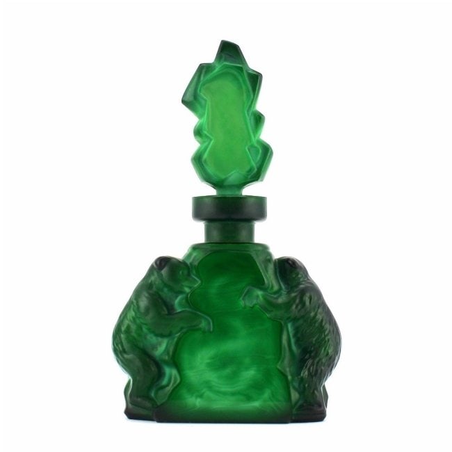 Art Deco Malachite Green Glass ' Bears ' Collectible Bohemian Perfume Bottle 1930' H.Hoffmann - 2