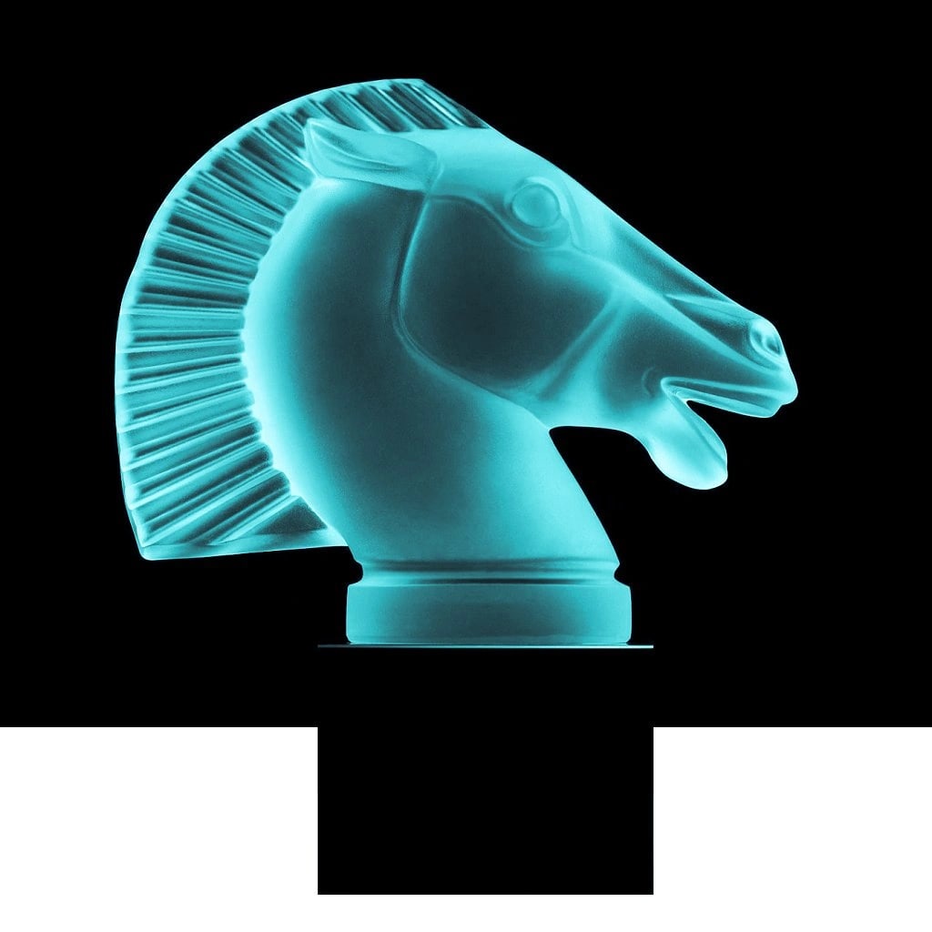 Art Deco ' Head Horse ' Cyan Vaseline Glass Hood Ornament 1930' H.Hoffmann by Lalique: Top Quality Aquamarine Cyan Vaseline Glass. This piece was made in Bohemia from ORIGINAL antique molds that were used during the 1930's - 1939's. It is breathtaking high quality satin finish glass scu