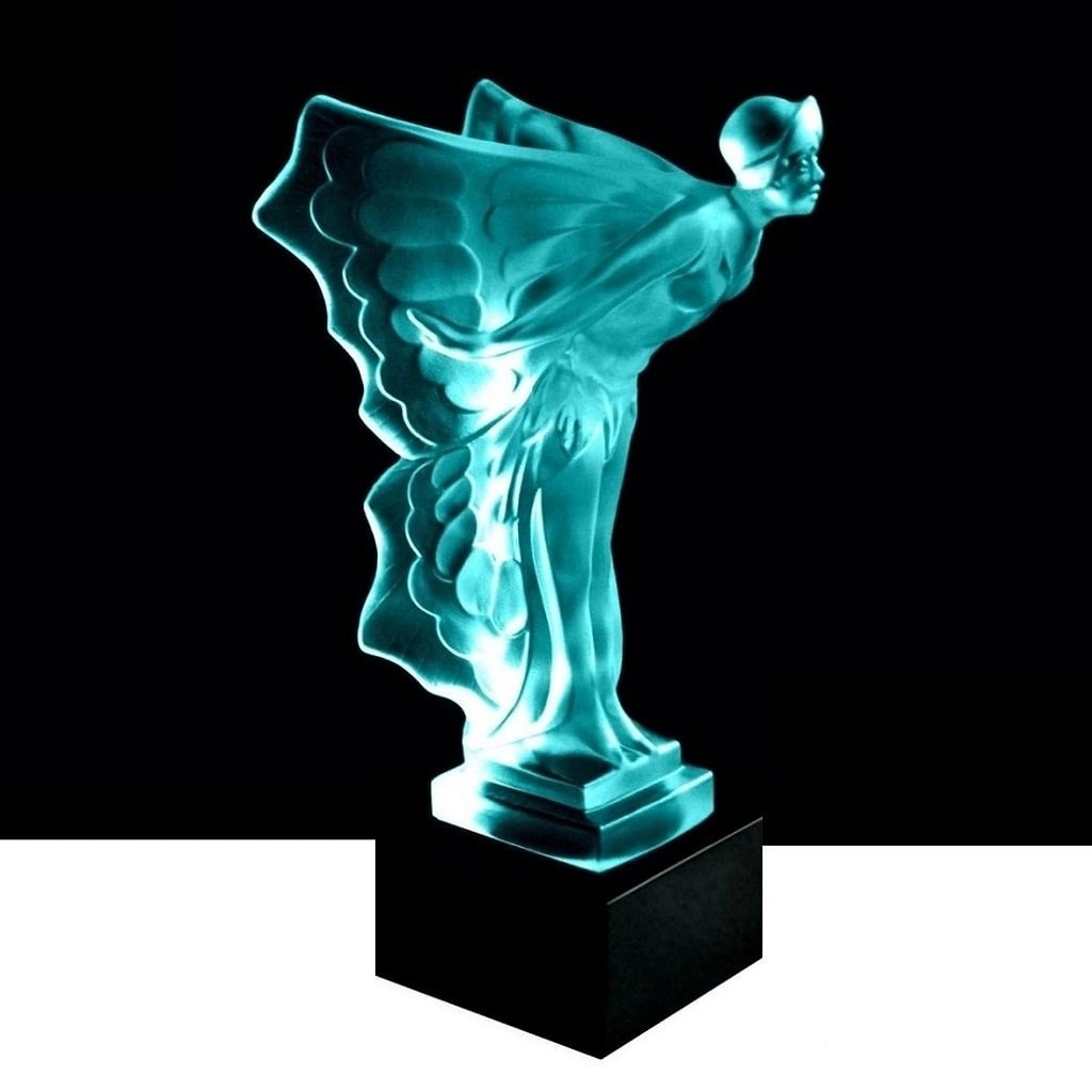 Art Deco Cyan Vaseline Glass Sculpture Rolls Royce ' Flying Lady ' 1930' H.Hoffmann: Top Quality Aquamarine Vaseline Uranium Glass. This piece was made in Bohemia from ORIGINAL antique vintage molds that were used during the 1930's - 1939's. It is BREATHTAKING high quality satin finis
