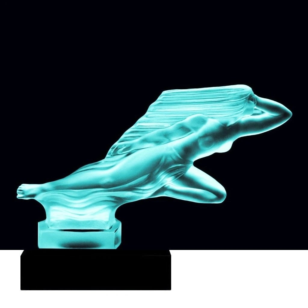 Art Deco Hood Ornament Cyan Vaseline Glass ' Lady In The Wind ' Sculpture 1930' H.Hoffmann: Top Quality Art Deco Aquamarine Cyan Vaseline Glass Car Mascot. This piece was made in Bohemia from ORIGINAL antique molds that were used during the 1930's - 1939's. It is BREATHTAKING high quality sa