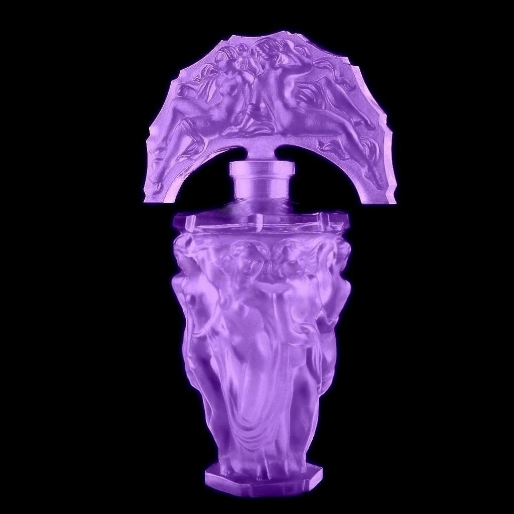 Art Deco Alexandrite Glass Perfume Bottle 1930' H.Hoffmann: Top Quality Art Deco Alexandrite Glass Perfume Bottle. This piece was made in Bohemia from ORIGINAL antique molds that were used during the 1930's - 1939's. It is breathtaking high quality satin finis