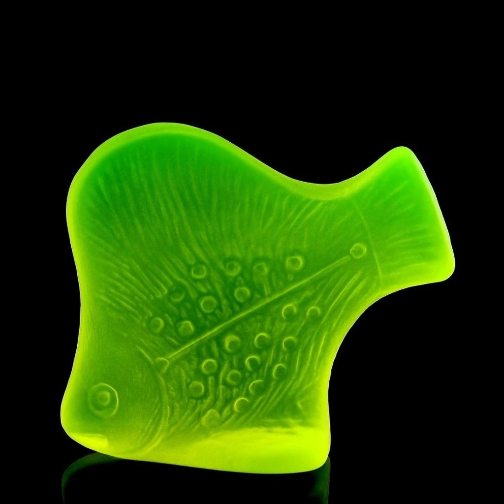 Bohemian Uranium Glass Fish Figurine, UV Reactive: Art Deco Uranium Glass Figurine. This piece was made in Bohemia from the ORIGINAL antique vintage molds that was used back in 1930's. It is BREATHTAKING high quality satin finish glass figurines in st