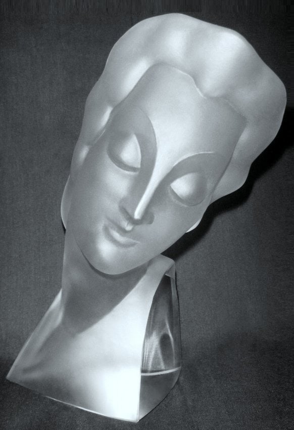 Glamorous Art Deco Large Bust Satin Clear Glass 1930' H.Hoffmann: Top Quality Collectible Art Deco Glass Sculpture. This piece was made in Bohemia from ORIGINAL antique molds that were used during the 1930's - 1939's. It is BREATHTAKING high quality satin finish gla