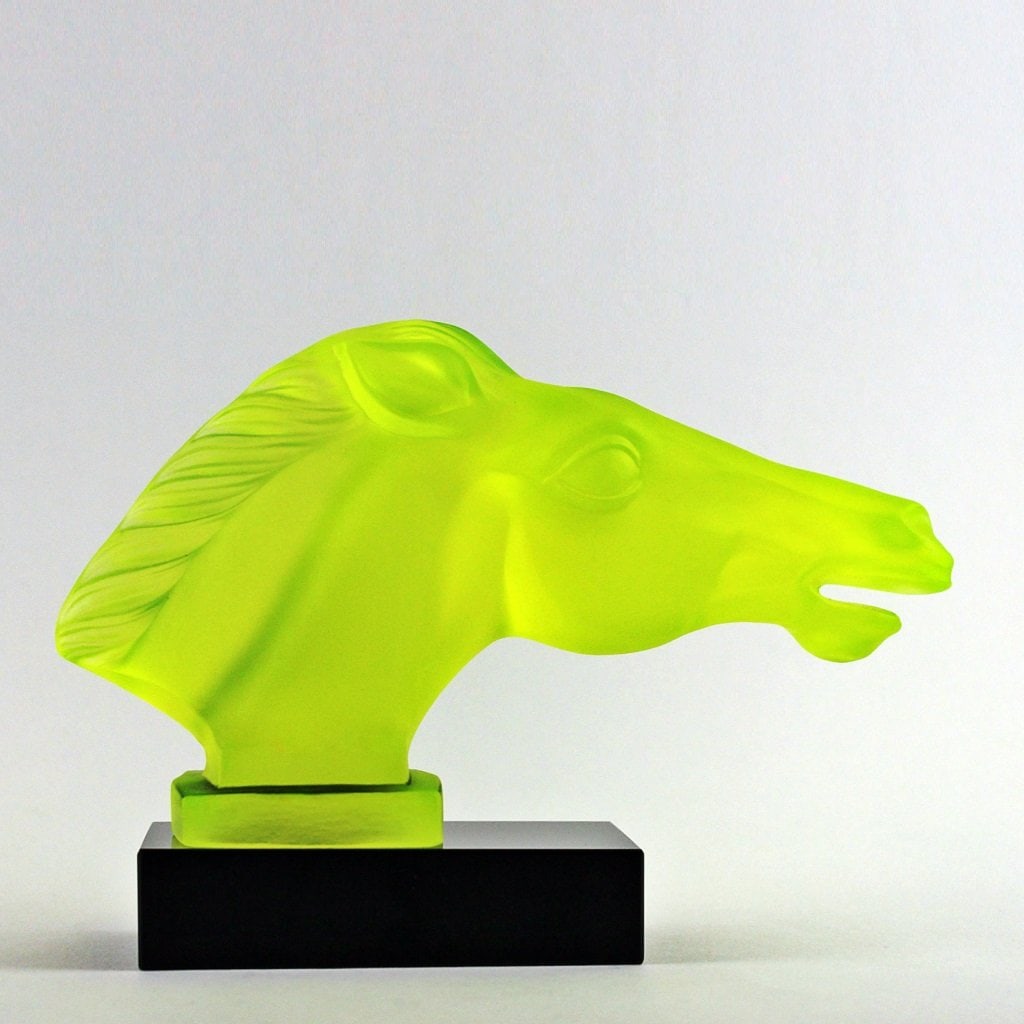Art Deco Vaseline Uranium Glass ' Head Horse ' Hood Ornament Sculpture 1930' H.Hoffmann: This piece is a great addition to collection or a great gift. Timeless design - Top Qality Art Deco Vaseline Art Glass Car Mascot ' Head Horse ' Hood Ornament, Emblem , Figurine. This piece was made i