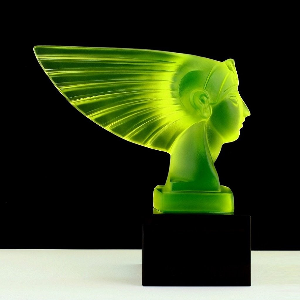 Art Deco Hood Ornament ' Pharaoh Head ' Vaseline Uranium Glass Sculpture 1930' H.Hoffmann: Top Quality Vaseline Uranium Glass. This piece was made in Bohemia from ORIGINAL antique molds that were used during the 1930's - 1939's. It is BREATHTAKING high quality satin finish uranium glass scu