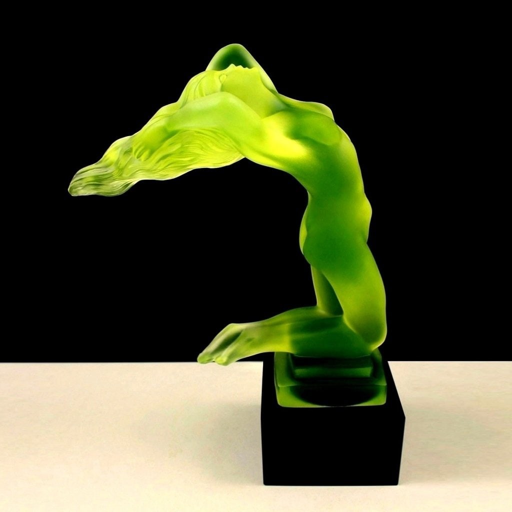 Art Deco Uranium Glass ' Chrysis ' Hood Ornament Sculpture 1930' H.Hoffmann: Top Quality Collectible Vaseline Uranium Glass. This piece was made in Bohemia from ORIGINAL antique molds that were used during the 1930's - 1939's. It is BREATHTAKING high quality satin finish glass