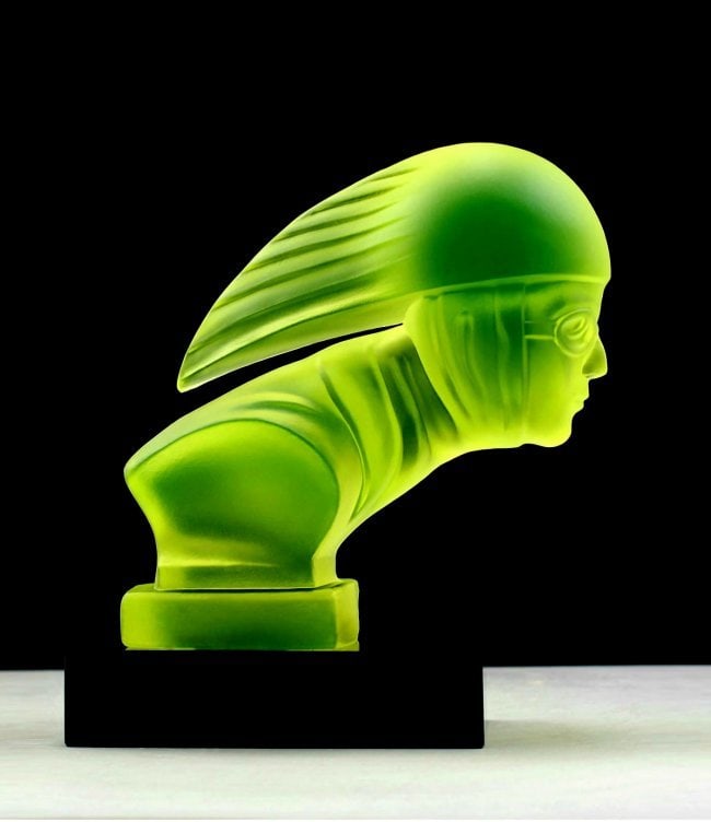 Art Deco Vaseline Uranium Glass ' Racer ' Car Mascot Hood Ornament Sculpture 1930' H.Hoffmann: Top Quality Vaseline Uranium Glass. This piece was made in Bohemia from ORIGINAL antique molds that were used during the 1930's - 1939's. It is BREATHTAKING high quality satin finish glass sculpture i