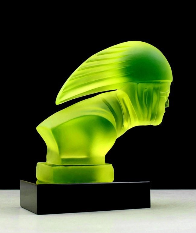 Art Deco Vaseline Uranium Glass ' Racer ' Car Mascot Hood Ornament Sculpture 1930' H.Hoffmann - 2