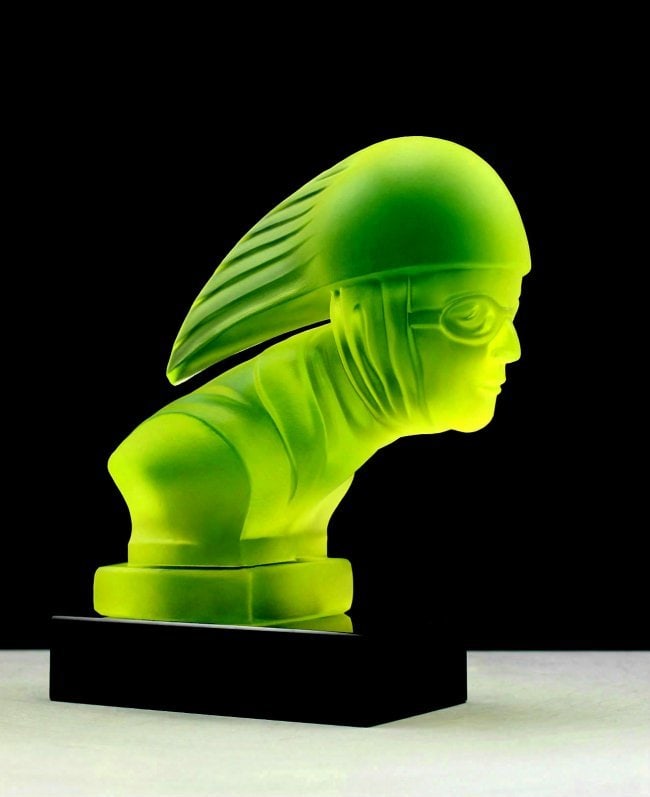 Art Deco Vaseline Uranium Glass ' Racer ' Car Mascot Hood Ornament Sculpture 1930' H.Hoffmann - 3