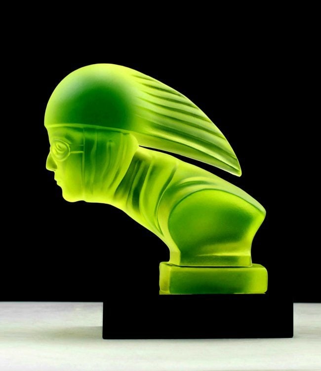 Art Deco Vaseline Uranium Glass ' Racer ' Car Mascot Hood Ornament Sculpture 1930' H.Hoffmann - 4